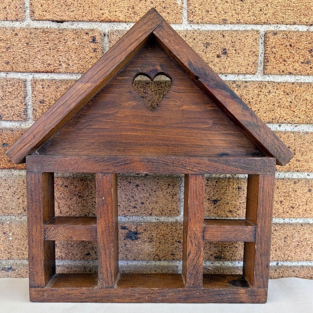 Vtg House Shaped Wood Trinket Shelf Heart Cutout Hanging Miniatures Display